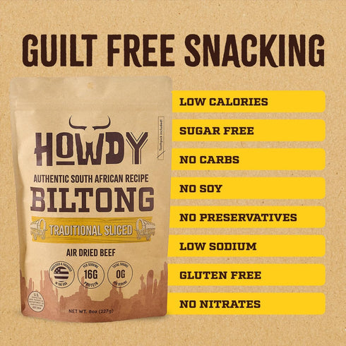 8oz. (2 8oz Packs) Howdysnax Handcrafted Authentic Small Batch Beef Biltong Traditional Slices Sugar Free Paleo Keto