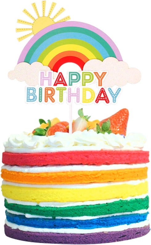Glitter Happy Birthday Cake Toppers, Rainbow Cake Picks for Baby Shower Birthday Party Decoration Supplies