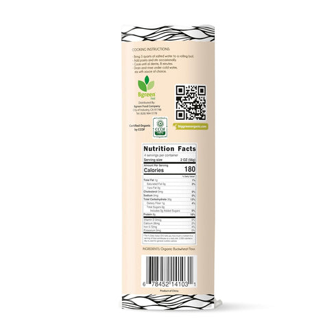 8.8oz, (6) Big Green Organic Food- Organic Buckwheat Angel Hair Pasta, Gluten-Free, Non-GMO