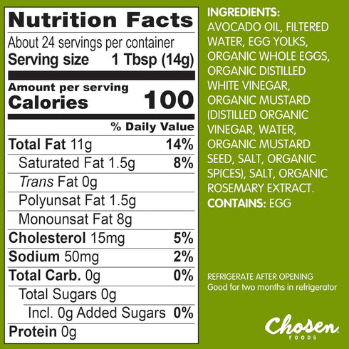 12 Oz 100% 355mL (Pack 1) Chosen Foods Classic Mayo, Fl - Pure Avocado Oil-Based Mayonnaise - Non-GMO, Gluten-Free