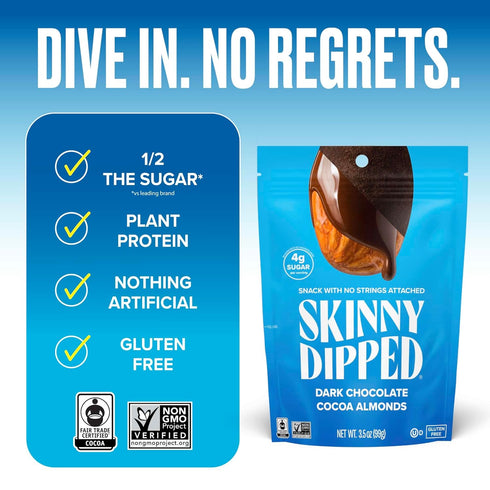 3.5 Oz Pack 1 SkinnyDipped Dark Chocolate Cocoa Almonds, Healthy Snack, Plant Protein, Gluten Free, Resealable Bag