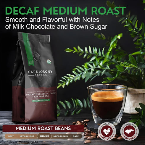12oz Cardiology Coffee Medium Roast Decaf Coffee Beans USDA Certified Organic, Mold Free Premium Whole Bean Coffee