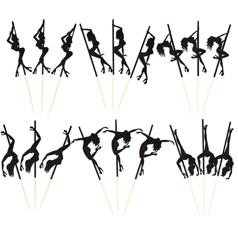 36 PCS Pole Dance Girl Cupcake Toppers - Black Glitter Picks for Bachelorette, Bridal Shower, Birthday Party