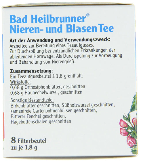 Bad Heilbrunner Nieren und Blasen Tea, Kidney and Bladder Tea (4 Packs, 8 Teabags each) - Fresh from Germany