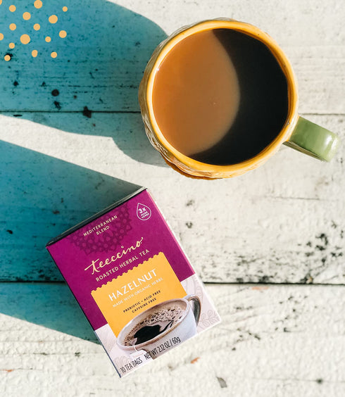 Teeccino Hazelnut Roasted Herbal Tea - Caffeine Free, Prebiotic, 3x More Herbs, 10 Tea Bags