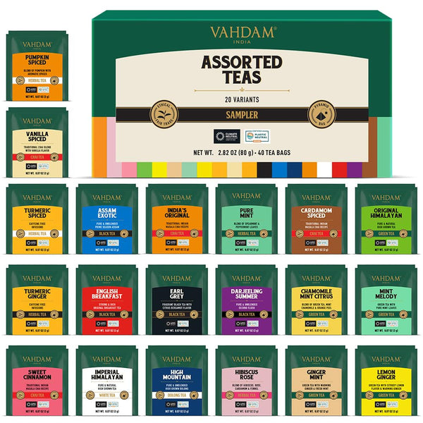 VAHDAM, Assorted Tea Sampler (20 Delicious Variety, 40 Individually Wrapped Pyramid Teabags)