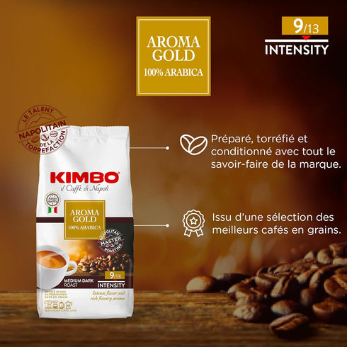 100% 9/13 2.2 Lbs (1kg) Kimbo Aroma Gold | Arabica Whole Bean Coffee | Medium Dark Roast | Intensity | Bag