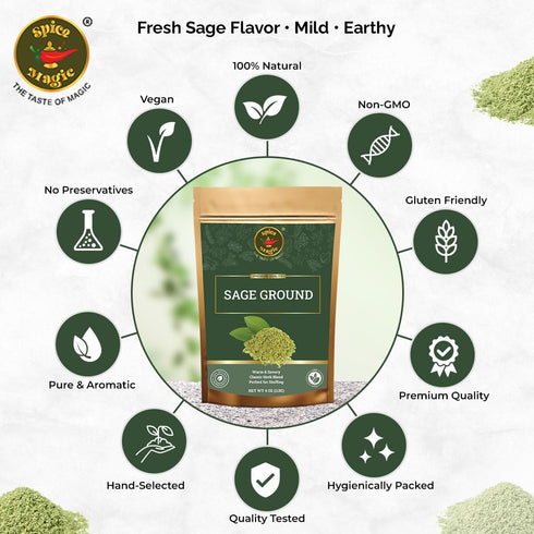 4 oz (113g)- Spice Magic Ground Sage, Premium Ground Herb for Savory Dishes, Perfect for Stuffing, Sausages, Poultry
