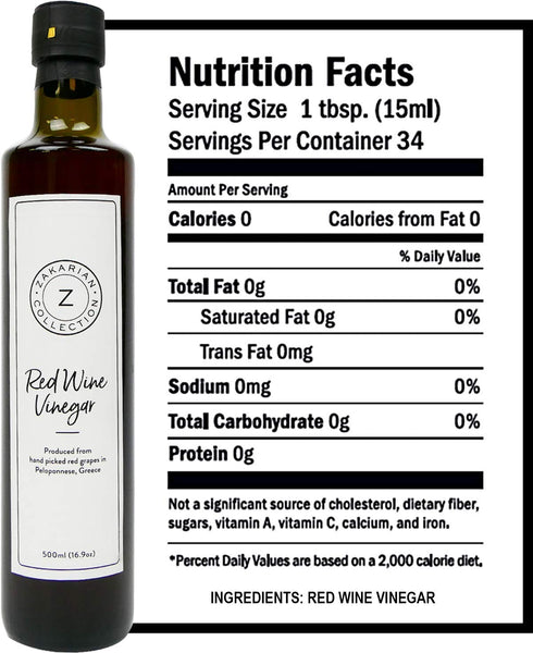 Zakarian 500 ml : Red Wine Vinegar - Made from Organic Greek Red Grapes - - Intense, Refined Flavor - Rich