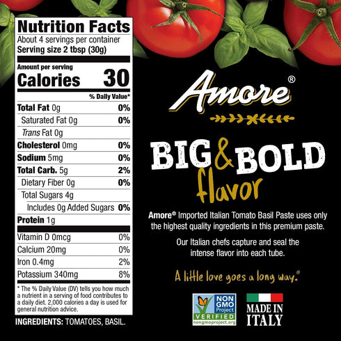 Amore (4.5oz) (2 pack) Vegan Basil Tomato Paste In A Tube - Non GMO Certified and Made In Italy