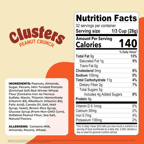 32oz Natures Garden Clusters Peanut Crunch, Pouch Big Chunky Nut & Pretzel Snack Bites with Almonds, Pecans Crunchy