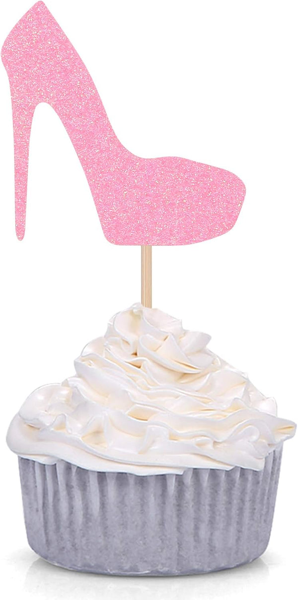 Pack of 24 Pink Glitter High Heel Cupcake Toppers for Wedding, Engagement, Bridal Shower Party Decorations