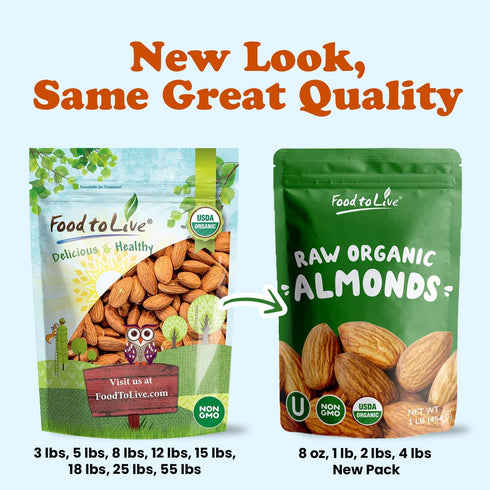 4 Food to Live - Organic Imported Raw Almonds, Pounds Non-GMO, Whole, Raw, No Shell, Unpasteurized, Unsalted, Vegan