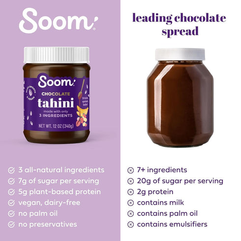 Soom Foods Chocolate Sesame Spread - 12oz (2 Pack) | Low Sugar, Dairy-Free, Nut-Free, Gluten-Free, Palm Oil-Free, 5g