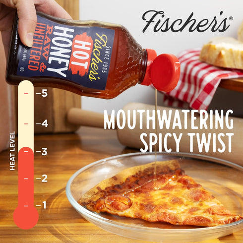 24 oz 100% Fischer's Hot Honey Raw Unfiltered Honey with Hot Pepper Spicy Honey for Pizza, Chicken, Charcuterie, BBQ