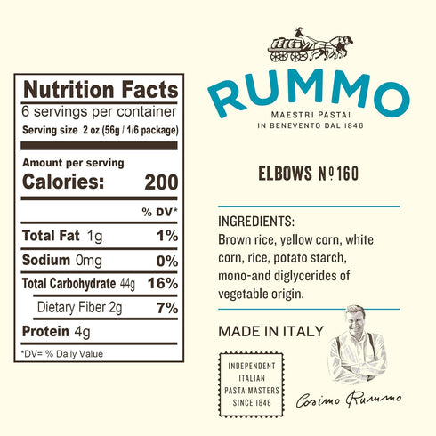 Rummo Elbows N.160 Elbow 12 (Pack 4) Gluten Free Pasta - Macaroni Noodles, Made with Brown Rice & Corn, Whole Wheat