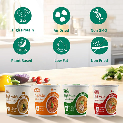 (32g) 8 Count, Pack VOLO VERO High Protein Ramen Instant Noodles Cup, Variety - Chicken, Pork Tonkotsu, Spicy Beef