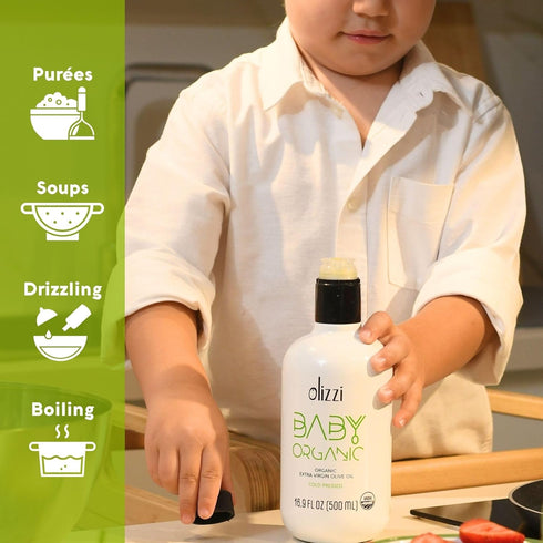 16.9 OZ (500 ML) Olive Oil for Baby Food - Olizzi Baby Organic Extra Virgin Olive Oil, Cold Pressed, USDA Organic