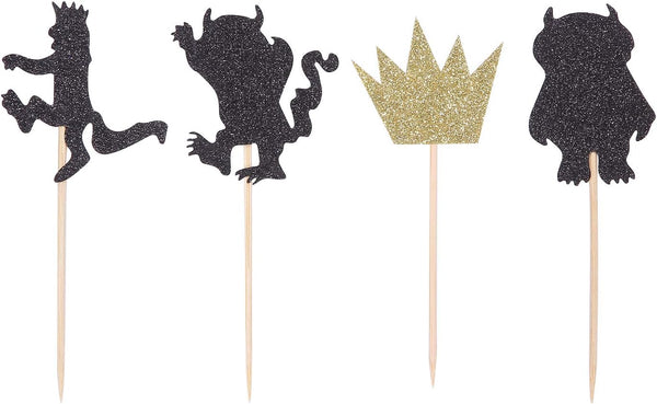 24 Counts Black and Gold Glitter Cupcake Toppers, Where the Wild Things Are Inspired Birthday Party Decorations