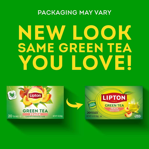 20 Lipton Peach Green Tea Bags, Flavored, Unsweetened Teabags for Hot Tea or Peach Iced Tea with Caffeine