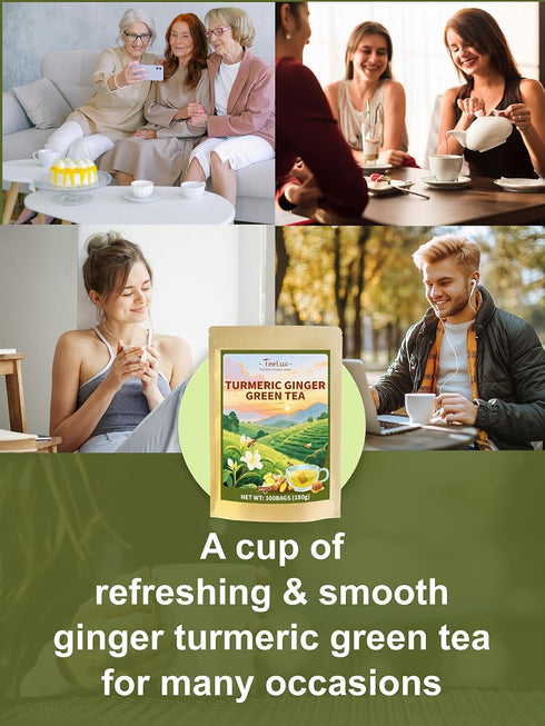 100 Count, TeeLux Ginger Turmeric Green Tea Bags, Smooth Steamed Green Tea with Spicy Ginger, Earthy Turmeric & Sweet