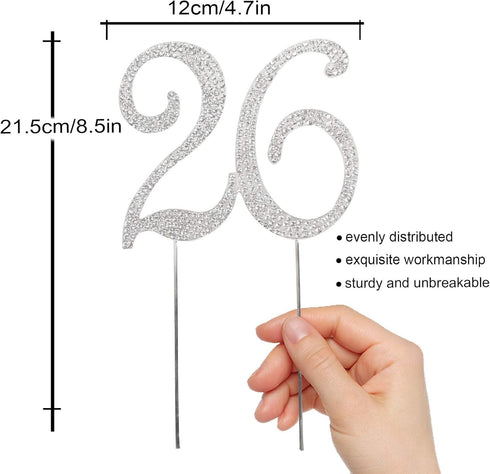 26 Years Birthday Cake Topper - Crystal Rhinestone 26th Wedding Anniversary or 26 Years Old Decoration