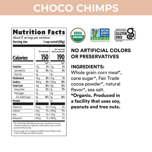24 oz (Pack 2), EnviroKidz Organic Choco Chimps Cereal, of Chocolate, Gluten Free, Non-GMO, Fair Trade, by Nature's