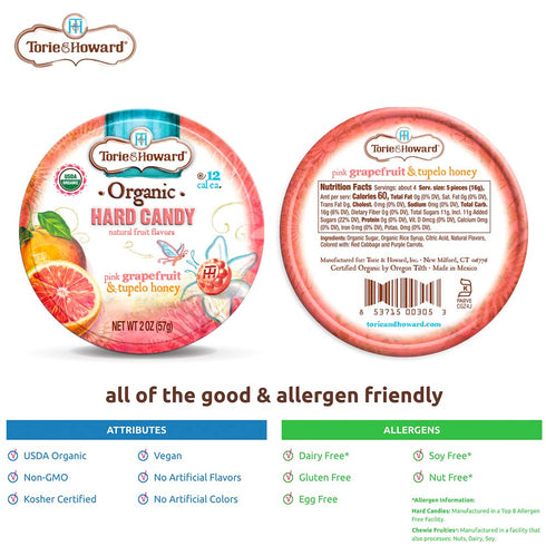Torie and Howard Organic Hard Candy Tin, 2 Ounce, Pink Grapefruit and Tupelo Honey Flavor