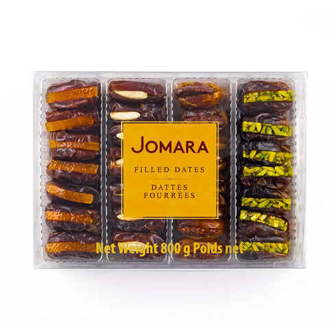 Pack 4 28oz 800g Jomara Premium Filled Dates Mix Flavors | / | Natural Dates filled with Orange Peel, Caramelized