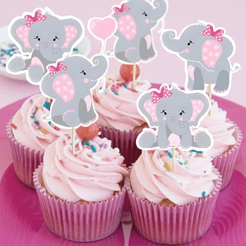 Finduat 48 Pieces Pink Elephant Cupcake Toppers for Girl Baby Shower Decorations, Baby Girl Birthday Party Supplies