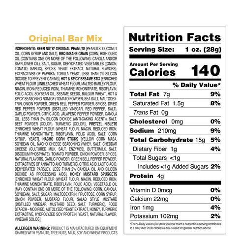 20oz (Pack 3) BEER NUTS Original Bar Mix - Pretzels, Cheese Stix, Sesame Stix, Insane Grain - Resealable Bag