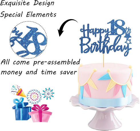 Royal Blue Glitter Happy 18th Birthday Cake Topper, Cheers to 18 Years Party Supplies