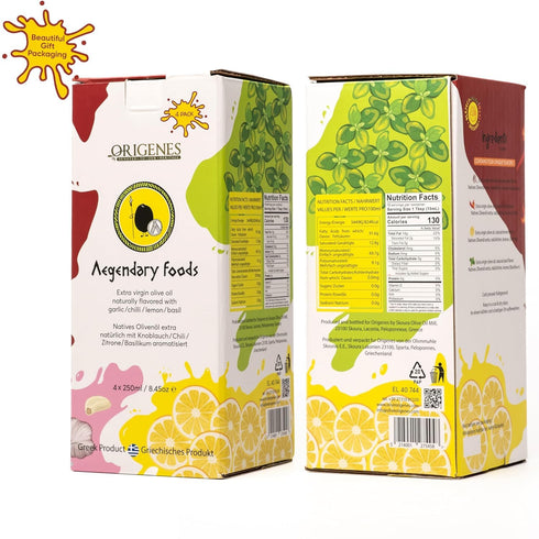 Pack 4 4X250ml of Extra Virgin Flavored Olive Oil - Garlic, Chili, Lemon & Basil Infused EVOO - Cold Pressed
