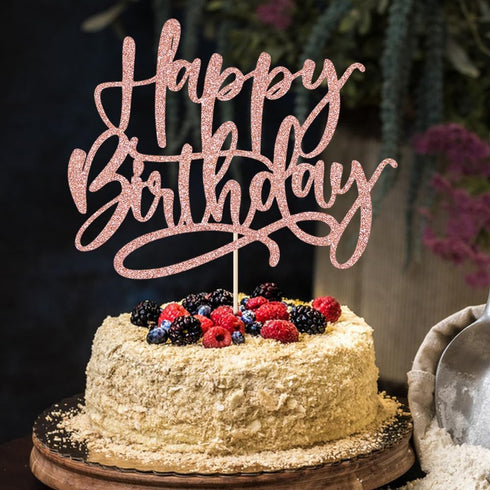 Glitter Happy Birthday Cake Topper, Rose Gold Anniversary Celebration Party Decoration Supplies for Birthday Cake