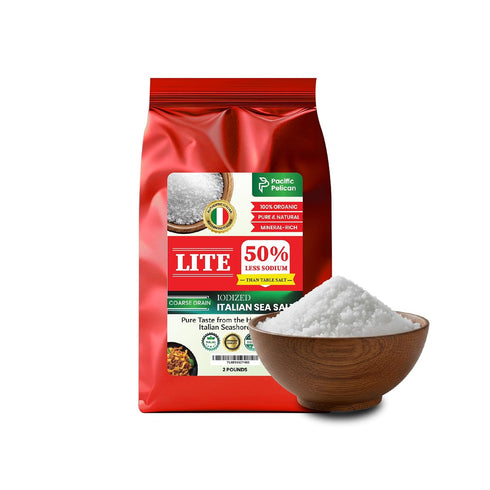Pacific Pelican Iodized Lite Italian Sea Salt, 50% Less Sodium, Coarse Grain,