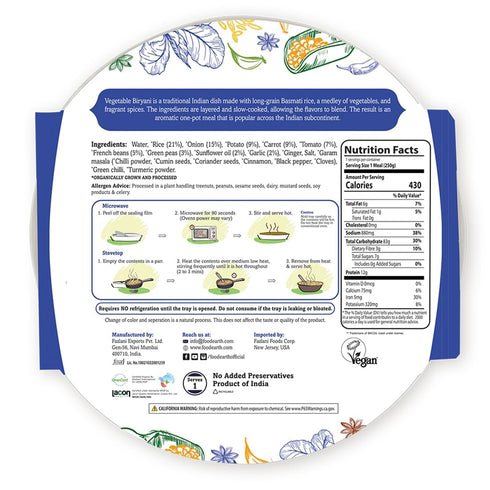 Prepackaged 8.81 oz (Pack 6) Food Earth Ready to Eat Vegetable Biryani Organic, Vegan, Gluten-Free Indian Meal