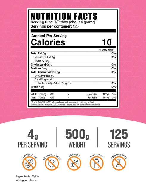 4g 125 (500 1.1 lbs) BulkSupplements.com Xylitol Powder - Natural Sugar Substitute & Sugar Alternative - Sweetener
