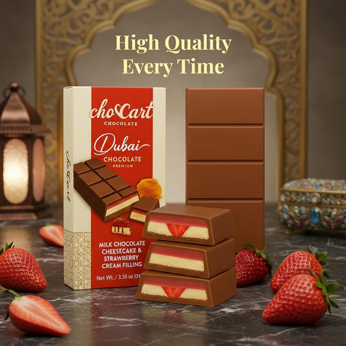 95g (3.35 oz) ChocCart Dubai Chocolate Premium Milk Chocolate Bar with Cheesecake & Strawberry Cream Filling, Gourmet