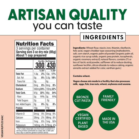 4, 10g (6 Pack, 8 Oz) Pastabilities Vegan Ruffles - Mac and Cheese - Family Size Serves Wheat Based Pasta, Delicious