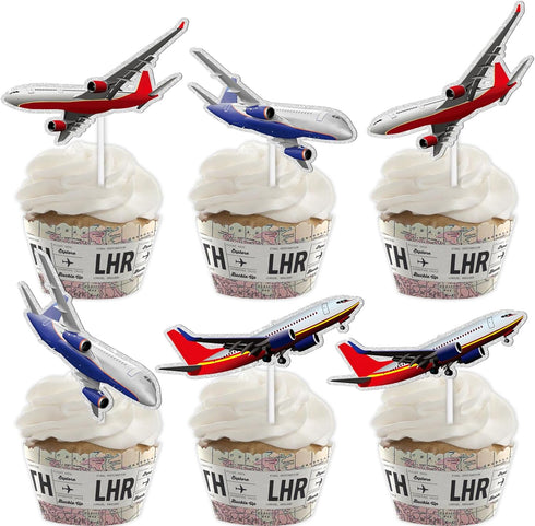 LETLIMIT 18pcs Red Whiter Glitter Airplane Dessert Cupcake Topper Aviation Fighter Theme Decorations