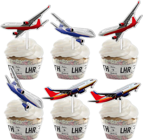 LETLIMIT 18pcs Red Whiter Glitter Airplane Dessert Cupcake Topper Aviation Fighter Theme Decorations