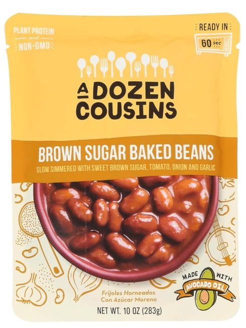 Dozen 10oz (6-Pack) A Cousins Brown Sugar Baked Beans Prepared Food Pouch, Ready to Eat Meal in Seasoned Avocado Oil