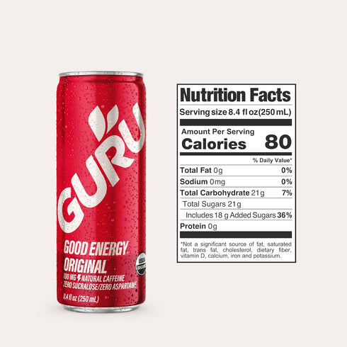 100MG 8.4oz (Pack 24) GURU Original Organic Energy Drinks, Clean Energy Drink with Plant Based Natural Caffeine from