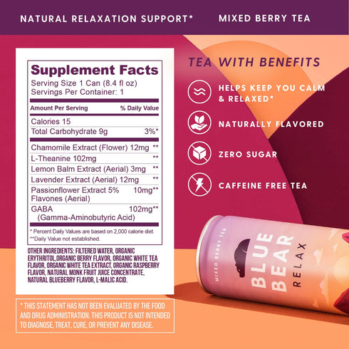 8.4 Oz (12 Pack) Blue Bear Relax Tea, Ready-to-Drink Iced Tea, Mixed Berry Calming & Relaxation Tea for Stress Relief