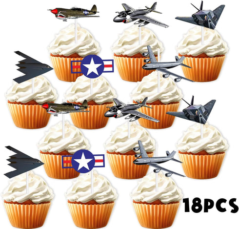 LETLIMIT 18pcs Military Airplane Dessert Cupcake Topper Aviation Aircraft Theme Decor Supplies Baby Shower Children Boy