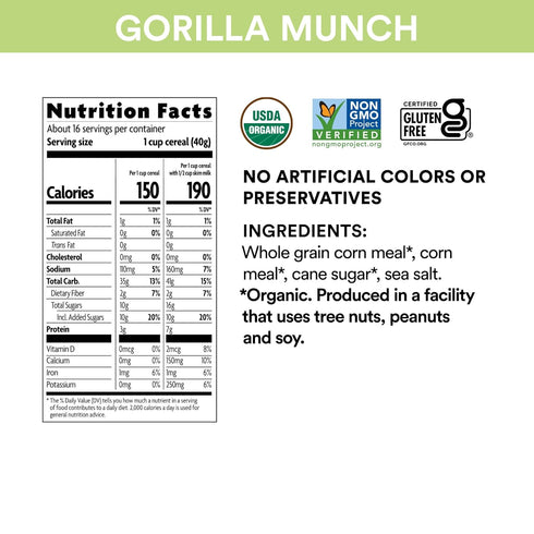 23 oz (Pack 1), Packaging, EnviroKidz Organic Gorilla Munch Cereal, of Corn Puffs, Gluten Free, Non-GMO, Earth Friendly
