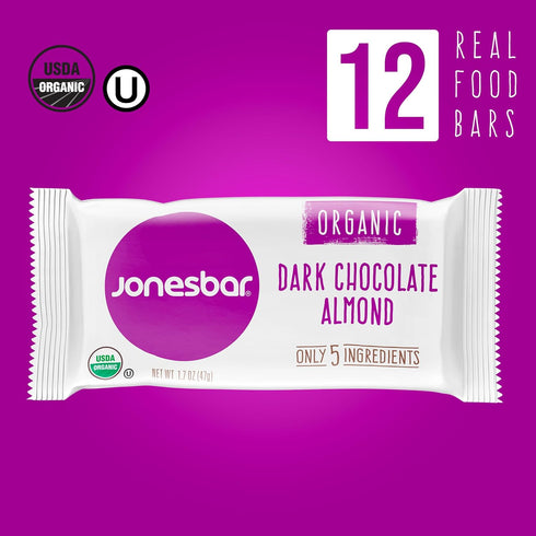 (Pack 12) JONESBAR Organic Plant Based Protein Bars | Dark Chocolate Almond | Fruit & Nut Bar, Kosher, Gluten Free