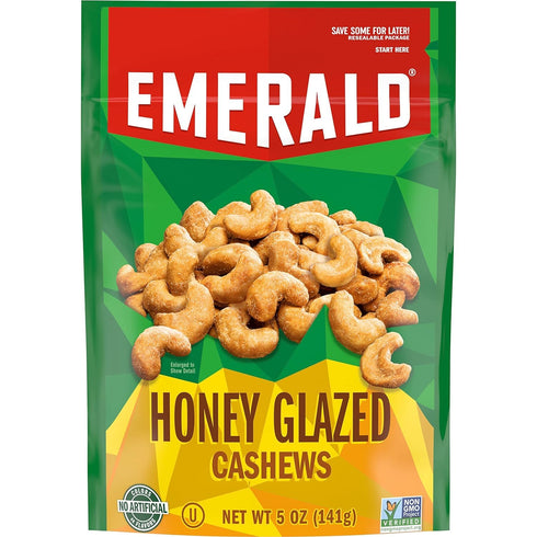 5 Oz, (Pack 4) Emerald Nuts, Honey Glazed Cashews, Resealable Bag