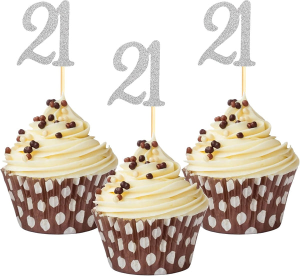Sumerk 24PCS Silver Glitter Cupcake Toppers, 21st Birthday Cupcake Picks for Anniversary Party Decorations