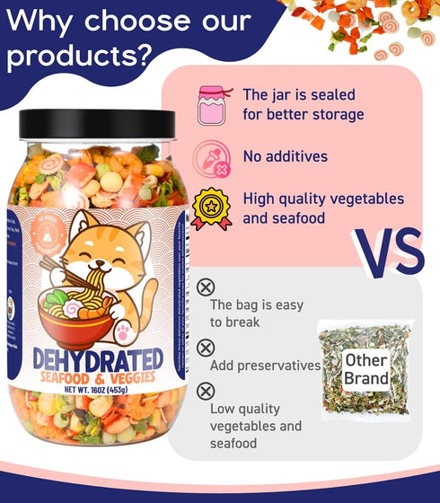 Egcina 16oz 100% 11-Ingredient Pack, 454g Freeze-Dried Seafood & Vegetable Mix - Natural Dehydrated Ramen Toppings